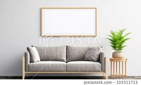 Interior design of a living room with a sofa, a painting and lamps, Generated AI 103311713