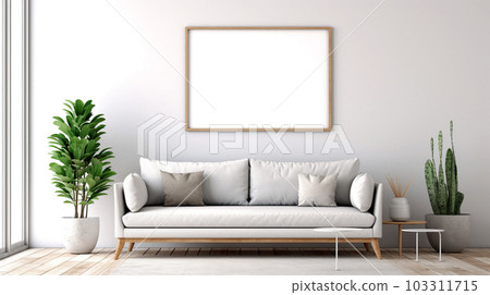 Interior design of a living room with a sofa, a painting and lamps, Generated AI 103311715