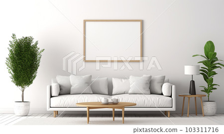 Interior design of a living room with a sofa, a painting and lamps, Generated AI 103311716