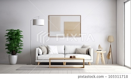 Interior design of a living room with a sofa, a painting and lamps, Generated AI 103311718