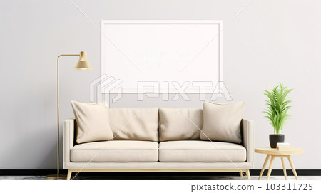 Interior design of a living room with a sofa, a painting and lamps, Generated AI 103311725