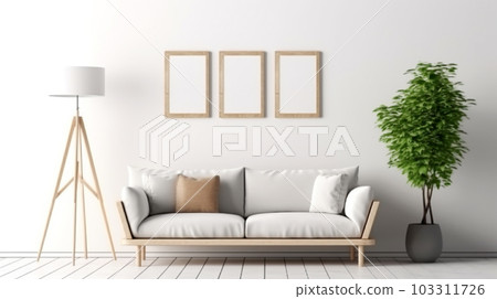 Interior design of a living room with a sofa, a painting and lamps, Generated AI 103311726