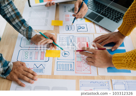 Close up view of UI developer team brainstorming on their project with laptop, smartphone and digital tablet. Creative digital development agency. Close up view of UI developer team brainstorming on their project with laptop, smartphone and digital tablet. Creative digital development agency. 103312326