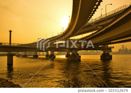 Golden evening view of Rainbow Bridge seen from Daiba Park 103312674