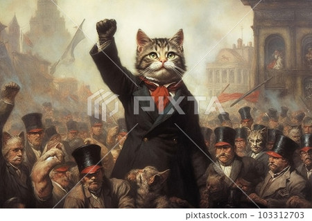 Cat as leader of revolutionary movement to restore balance between humans and cats illustration generative ai Cat as leader of revolutionary movement to restore balance between humans and cats illustration generative ai 103312703