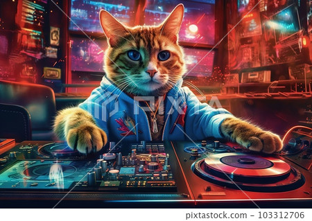Cat DJ playing in dancefloor club, mixing beats with their paws , igniting a global dance known as The Feline Groove illustration generative ai Cat DJ playing in dancefloor club, mixing beats with their paws , igniting a global dance known as The Feline Groove illustration generative ai 103312706