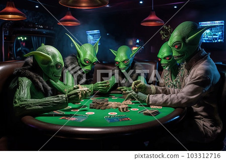 Green aliens playing poker at the space galaxy casino illustration generative ai 103312716