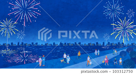 Summer festival vector illustration background of people watching fireworks at the waterside 103312750