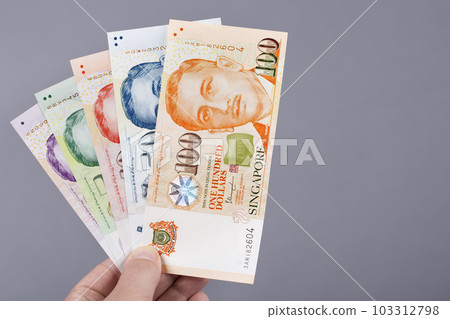 Singapore money in the hand on a gray background 103312798