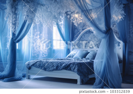 Girly bedroom, canopy bed, blue interior Girly bedroom, canopy bed, blue interior 103312839