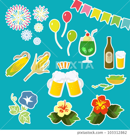 Flat illustration set of summer material _ white border seal style Flat illustration set of summer material _ white border seal style 103312862