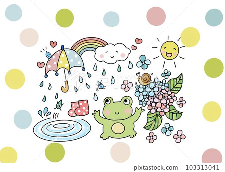 Colorful and cute illustration of rain, hydrangea, umbrella and frog 103313041