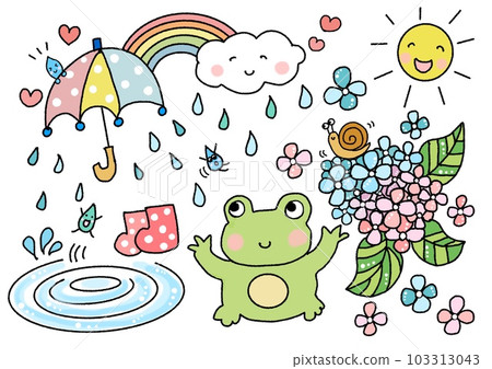 Cute illustrations for the rainy season: hydrangeas, frogs, and umbrellas 103313043