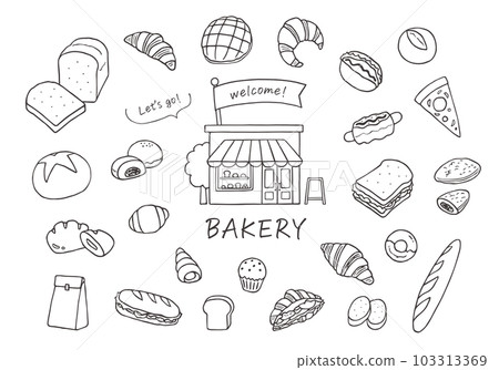 各種麵包和麵包店插圖集（單色） 103313369