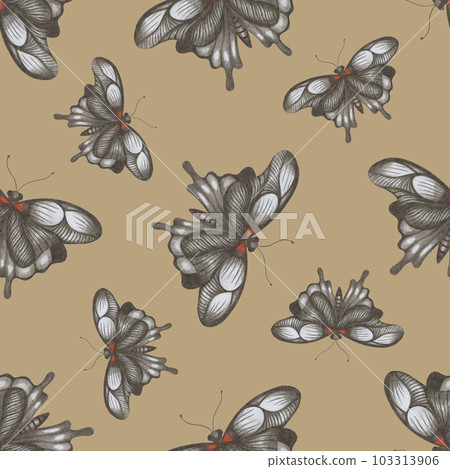 Hand-Drawn Seamless Pattern of Black and White Butterflies of Various Sizes on Brown Backdrop. Hand-Drawn Seamless Pattern of Black and White Butterflies of Various Sizes on Brown Backdrop. 103313906