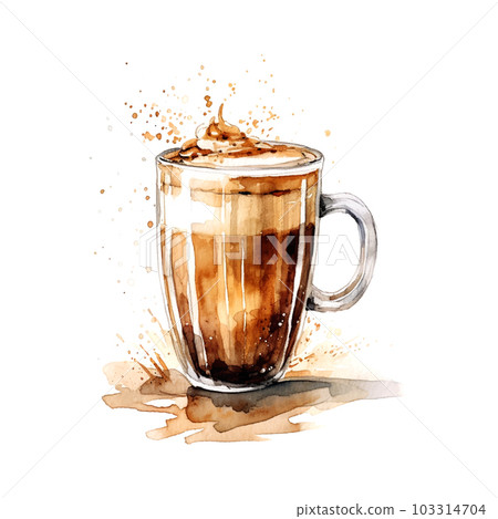 Black coffee mug watercolor in retro style on white background. Shop poster design. Sketch drawing. Sweet food. 103314704