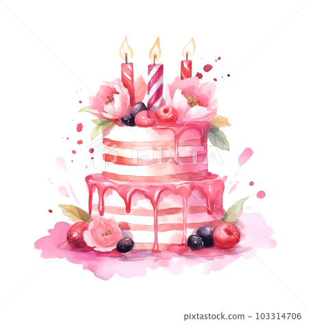 Colorful pink birthday cake watercolor in vintage style on white background. Hand drawn vector poster. Wedding invitation poster. 103314706