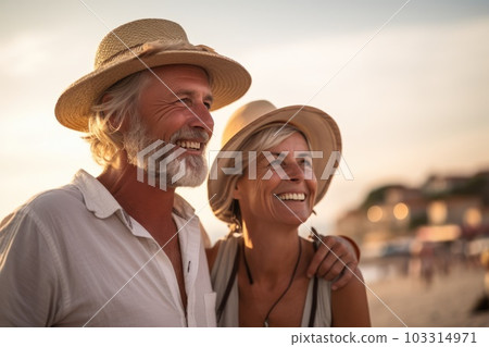 Middle age cuddling couple enjoying time on beach 103314971