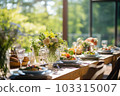 Romantic table setting with candles and flowers 103315007