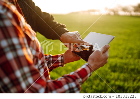 Farmers with tablet in the field. Farmers using touch pad for check wheat quality in the field. Farmers with tablet in the field. Farmers using touch pad for check wheat quality in the field. 103315225