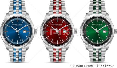 Realistic watch clock chronograph blue red green silver steel collection design luxury fashion object for men on white background vector 103316698