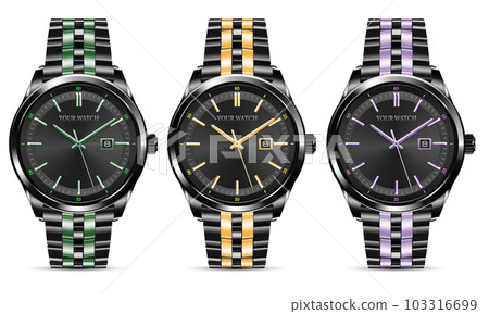 Realistic watch clock chronograph green yellow purple black collection design luxury fashion object for men on white background vector 103316699