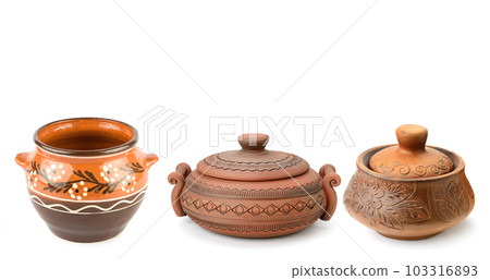 Set of clay pots isolated on white. Wide photo. Free space for text. 103316893
