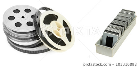 Film strip and Photo slides in a box isolated on a white . Wide photo. There is space for text. Collage. 103316898