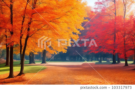 Graceful Trees, Golden Leaves, and Petals in a Serene Pathway. Generative AI. 103317973