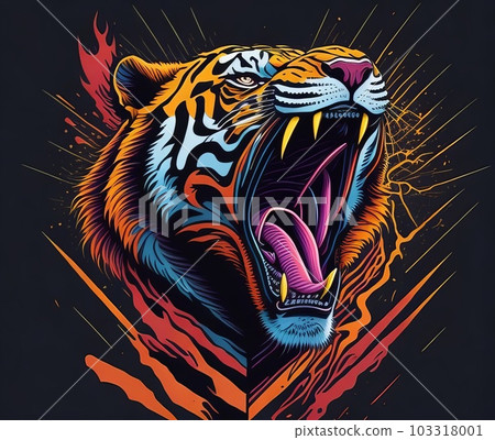 Artwork for t-shirt graphic of a powerful and fierce tiger in mid-roar. Generative AI. Artwork for t-shirt graphic of a powerful and fierce tiger in mid-roar. Generative AI. 103318001