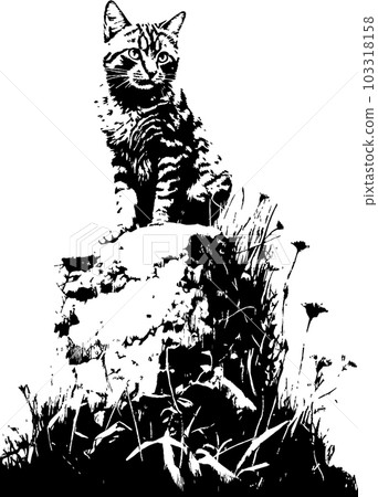 Vector black and white illustration of cat sitting on the hill Vector black and white illustration of cat sitting on the hill 103318158