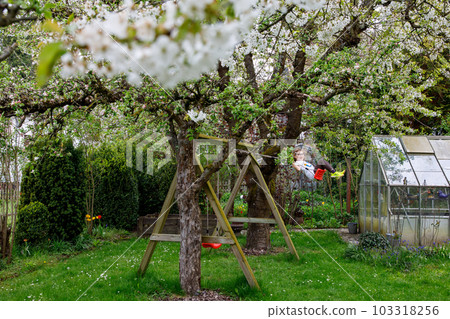 Happy little preschool girl with glasses having fun on swing in domestic garden. Cute healthy child swinging under blooming trees on sunny spring day. Kid laughing and crying. 103318256