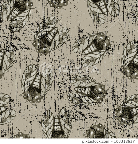 Hand-Drawn Seamless Pattern of Black and White Colored Steampunk Cicada on Sepia Backdrop. Retro Seamless Pattern with Cicada. 103318637