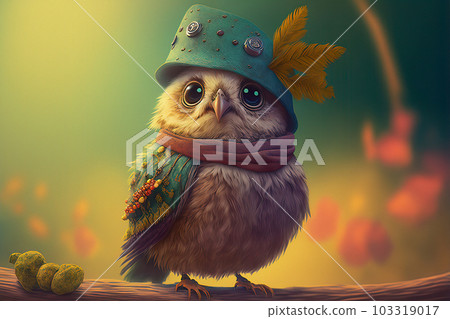 Cute Owl on Branch: Whimsical Forest Character with Hat and Scarf 103319017