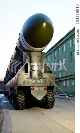 Military Vehicle with Intercontinental Missile in Front of Building Military Vehicle with Intercontinental Missile in Front of Building 103319019