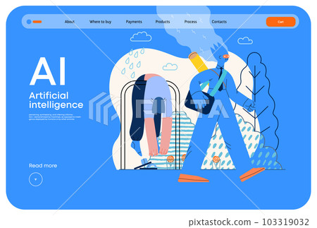 Artificial intelligence illustration. Job -modern flat vector concept illustration -AI going to work instead of human, upset woman stays home. AI metaphor, advantage, superiority and dominance concept 103319032