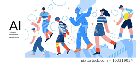 Artificial intelligence, AI and humanity -modern flat vector concept illustration of AI character walking among people in everyday life. Metaphor of AI advantage, benefit, friendliness concept 103319034