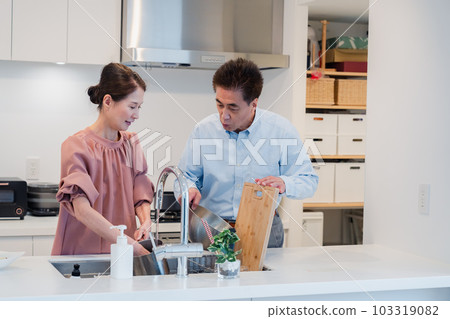 一起做家務的年長夫婦 一起做家務的年長夫婦 103319082