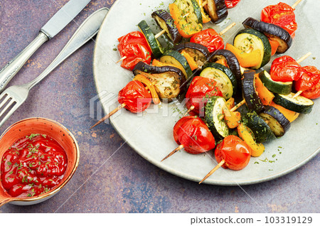 BBQ grilled vegetables on skewers BBQ grilled vegetables on skewers 103319129