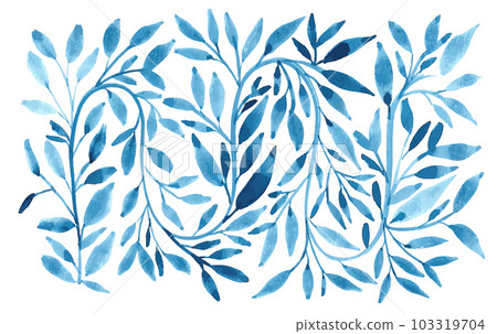 hand drawn watercolor background illustration of leaf nature vines. blue botanical leaf background wallpaper. 103319704