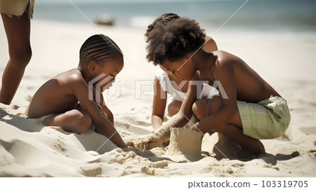 Children making sand castles on the beach, neural network generated art 103319705