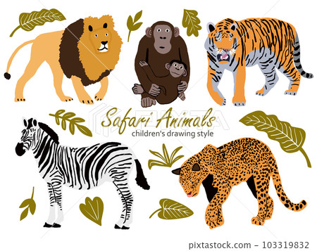 Vector illustration of cute wild safari African animals. Including , lion, leopard, zebra, tiger, monkey with cub Funny cartoon doodle characters in scandinavian style. Kids Vector illustration of cute wild safari African animals. Including , lion, leopard, zebra, tiger, monkey with cub Funny cartoon doodle characters in scandinavian style. Kids 103319832