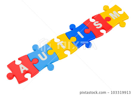 Autism word from colored puzzles, 3D rendering 103319913