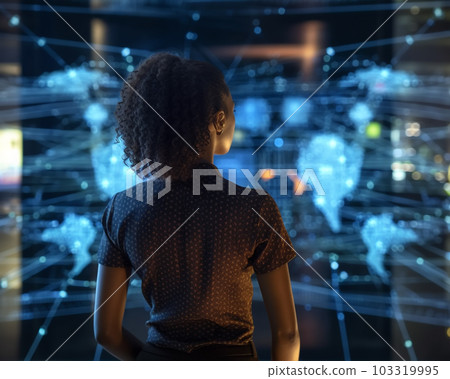 Young Black Female Uses Artificial Intelligence in System Control Monitoring Center. In the Background with Many Displays Showing Technical Data. 103319995