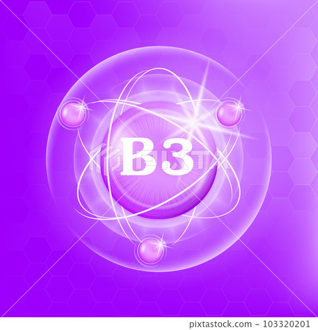Vitamin B3 icon structure purple substance of butterfly pea. Medicine health symbol of thiamine. Drug business concept. Vector Illustration. 3D. Complex with chemical formula. Personal care, beauty. 103320201