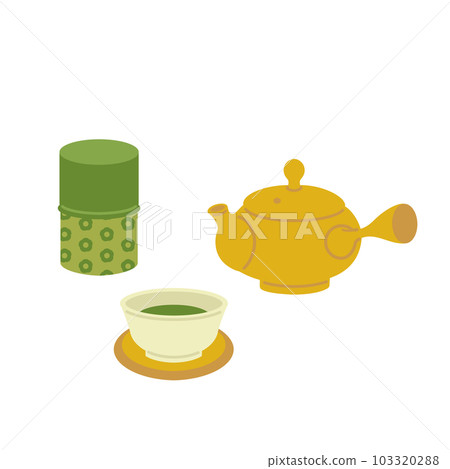 茶壺、茶杯和茶葉罐的插圖 103320288
