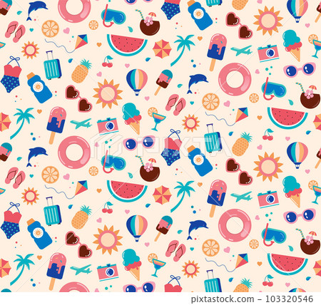 Summer time vector seamless pattern with colorful beach elements