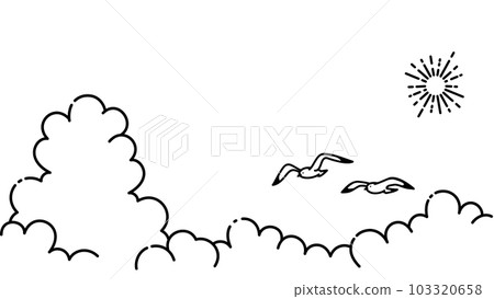 Illustration of the summer sky with flying seagulls, background material of summer image (monochrome line drawing) 103320658