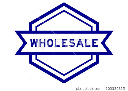 Vintage blue color hexagon label banner with word wholesale on white background 103320835