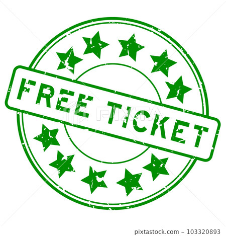 Grunge green free ticket word with star icon round rubber seal stamp on white background 103320893